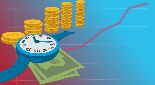 stock chart, watch, stack of coins