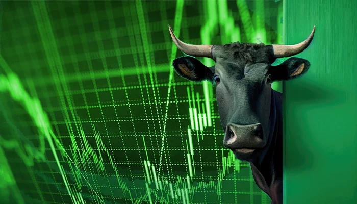bull in front of a stock chart