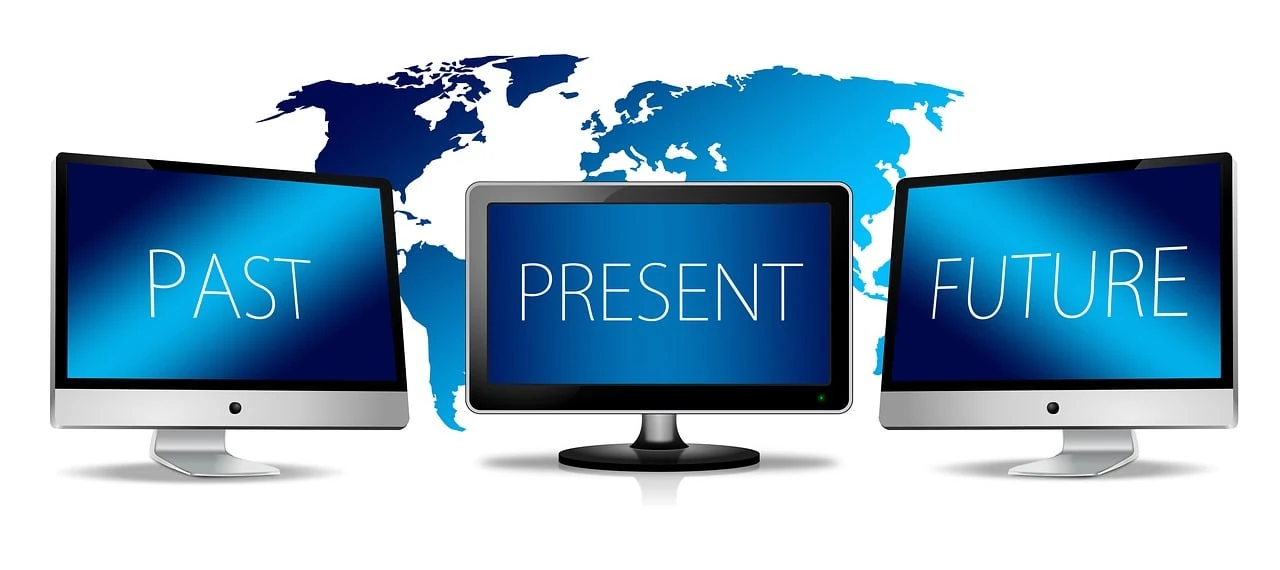 computer monitors with past, present, future labels