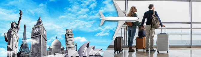 couple traveling with international landmarks
