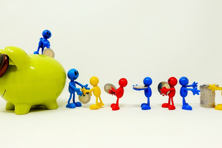 stick figures adding coins to a piggy bank