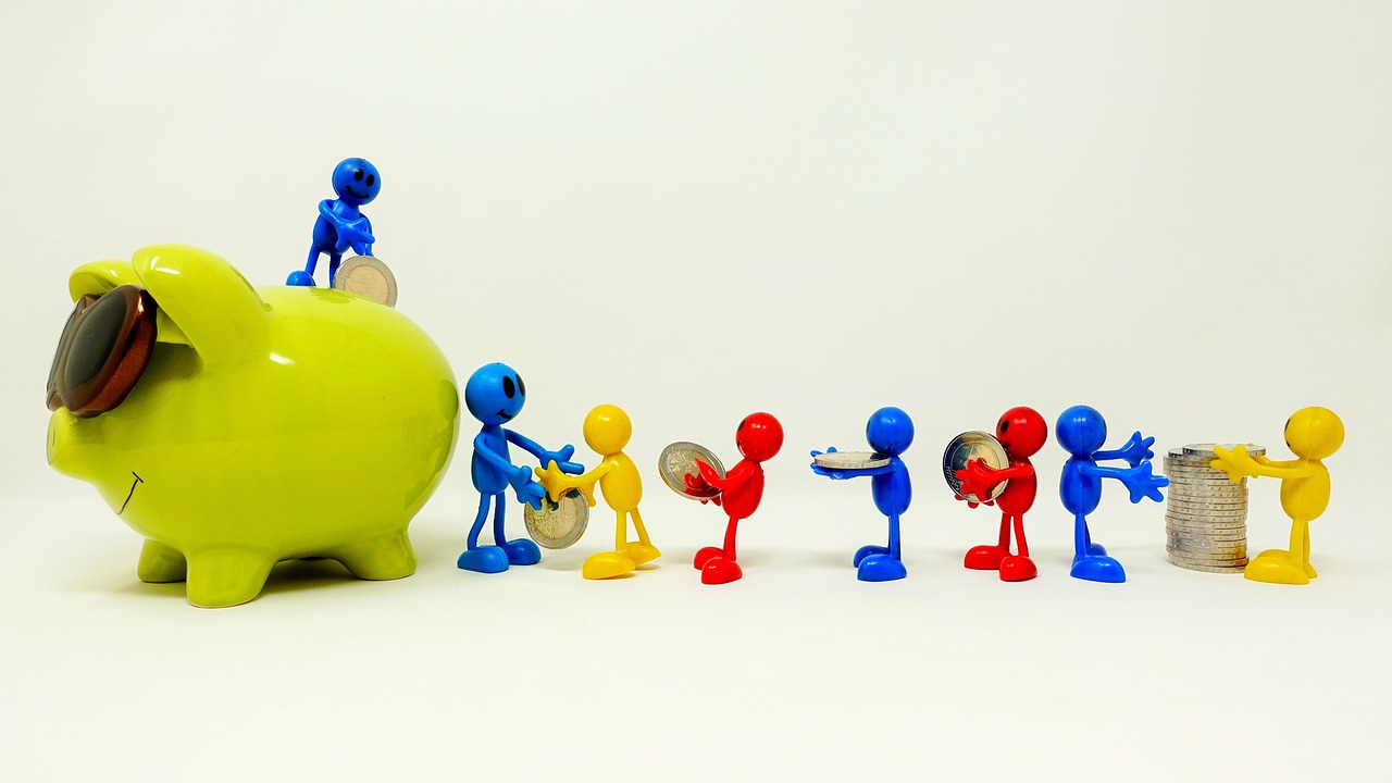 stick figures adding coins to a piggy bank