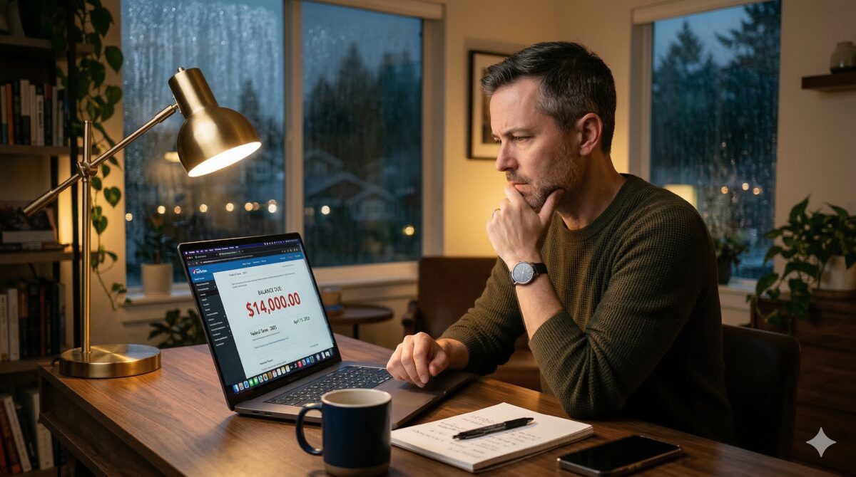 Tax software showing an unexpected balance due on a laptop screen -- a common experience for tech employees after RSU vesting.
