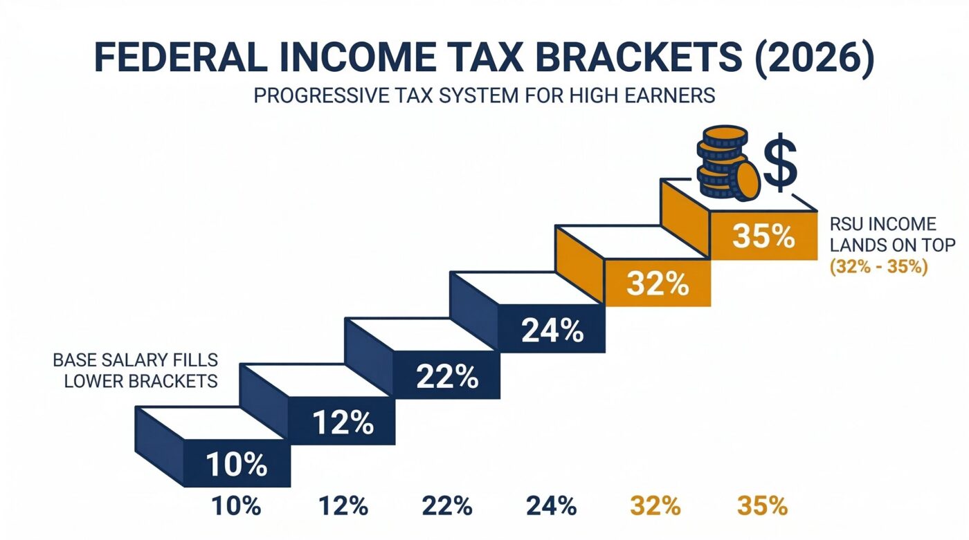 Illustration of federal tax brackets as a staircase, showing how RSU income lands on top of existing salary in the higher brackets.