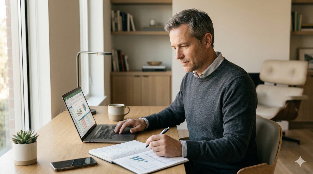 Professional reviewing financial documents at a desk, representing proactive RSU tax planning before year-end.