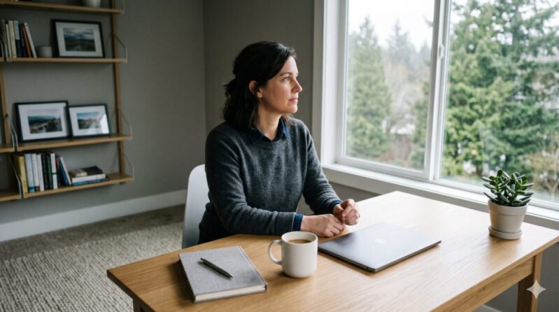 Mid-career tech professional sitting at a home office desk, looking out at Pacific Northwest evergreens, with a closed laptop and coffee nearby